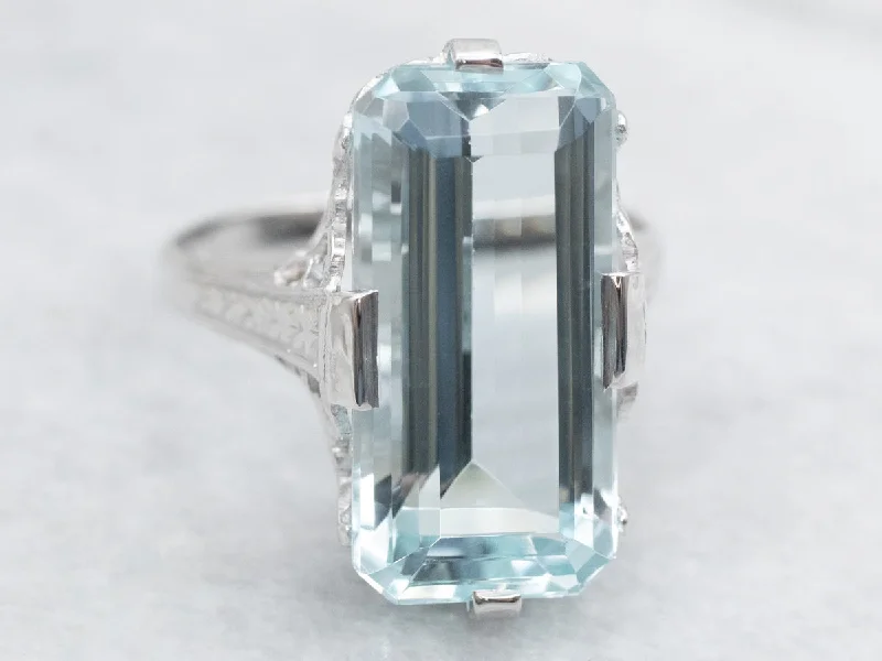 Peace charm rings-Art Deco Emerald Cut Aquamarine Solitaire Filigree Ring