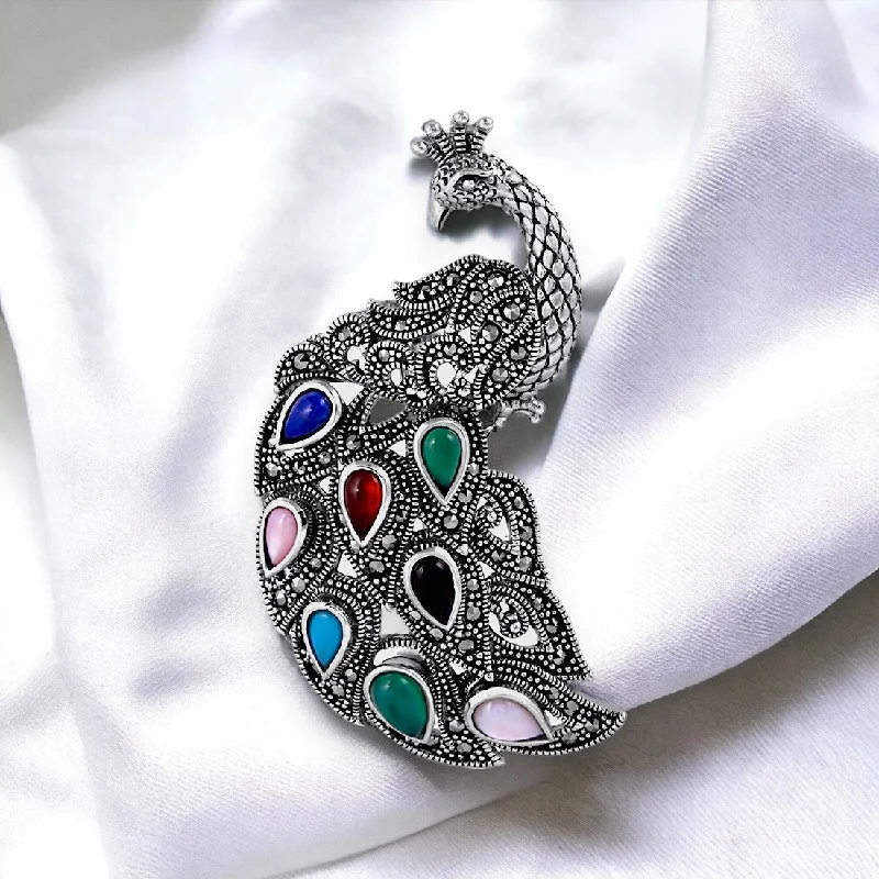 Thick enamel brooches-Multi Studded Peacock Brooch Cum Pendant For Men & Women