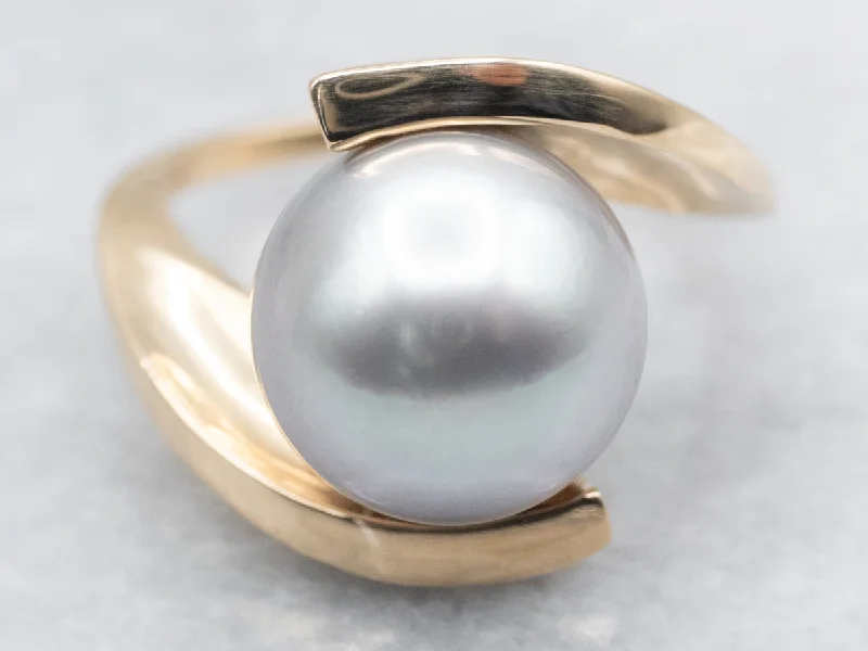 Fine pearl rings-Bold Grey Pearl Cocktail Bypass Ring