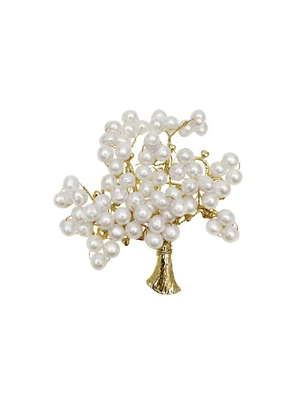 Fabric accent brooches-Handcrafted Freshwater Pearls Tree Brooch LP007