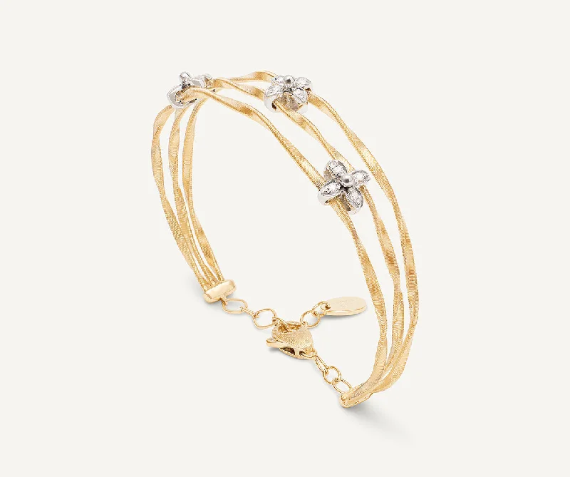 Plush satin bracelets-18K Yellow Gold 3-Strand Bangle with Floral Diamonds