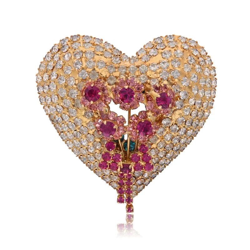 Pink gold brooches-Costume Heart Designer Brooch With Floral Motif