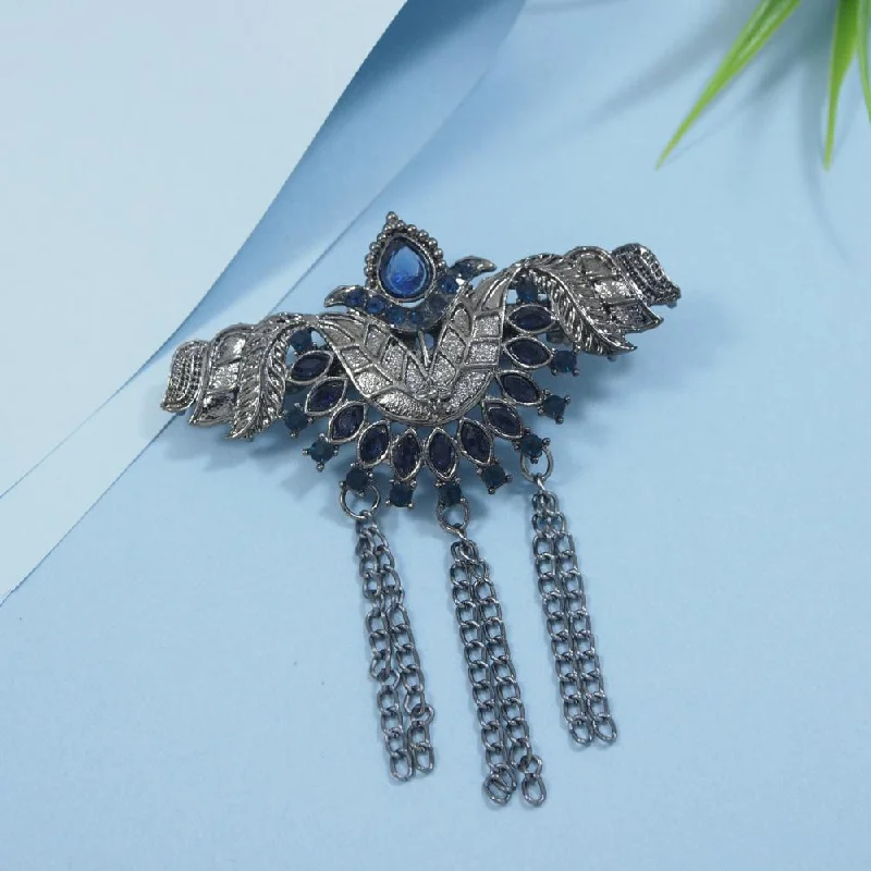 Stone-wrapped brooches-Etnico Silver Oxidised Traditional Stone Drop Safa Kalangi Brooch for Groom/Men/Dulha Pagadi (SM82OXBL)