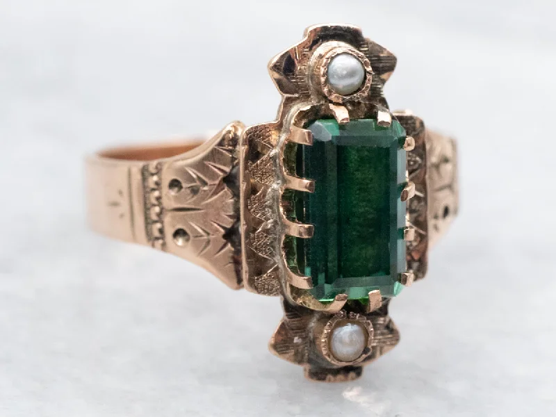 Ethnic pattern rings-Victorian Green Tourmaline and Seed Pearl Ring