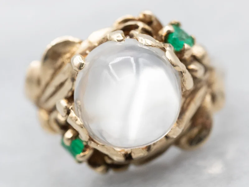 Ruby cut rings-Yellow Gold Moonstone Ring with Emerald Accents